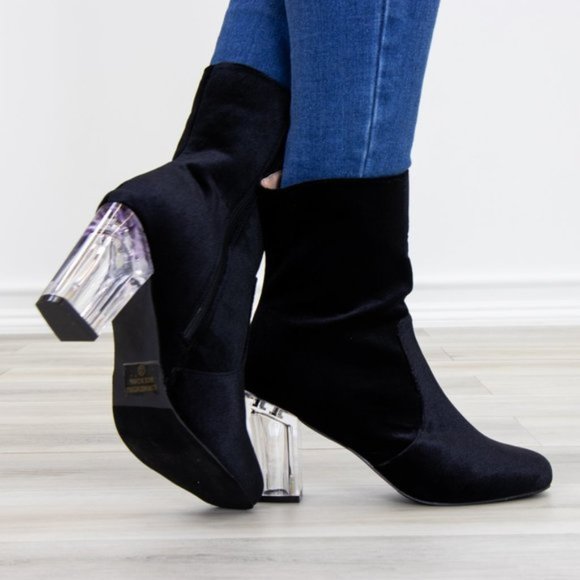 Black Velvet Above Ankle Clear Heel Bootie - Picture 8 of 11